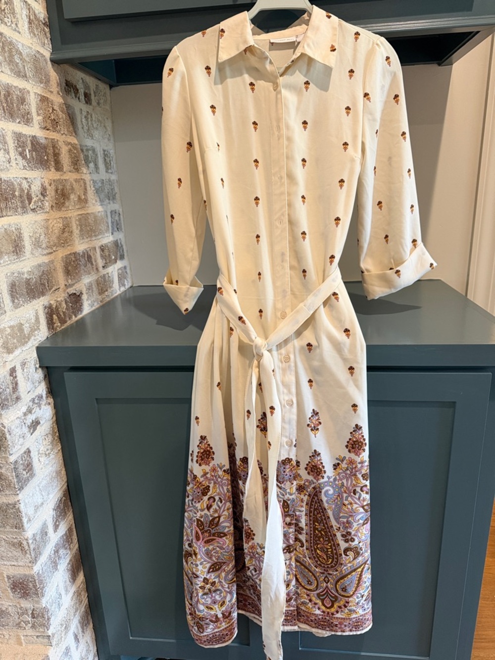 Sincerely Jules Cream Maxi Shirt Dress with Brown & Burgundy Paisley Border